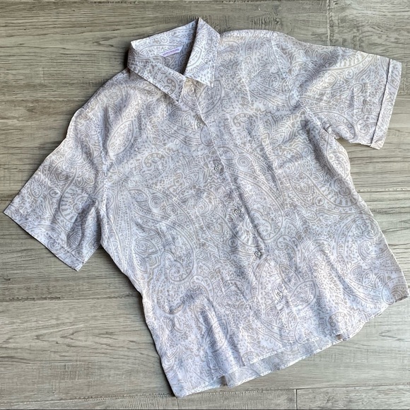 Lorenzini Short Sleeve Shirt Button Down Front Sheer Lightweight Neutral SZ L - Picture 1 of 11